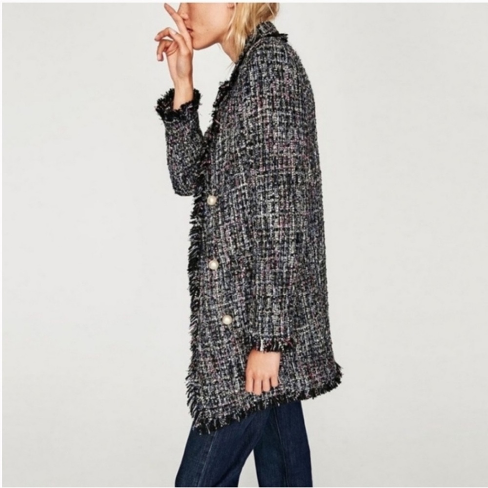 Zara Woman Tweed Pearl Button Trench Fringe Jacket/Blazer - Picture 4 of 4